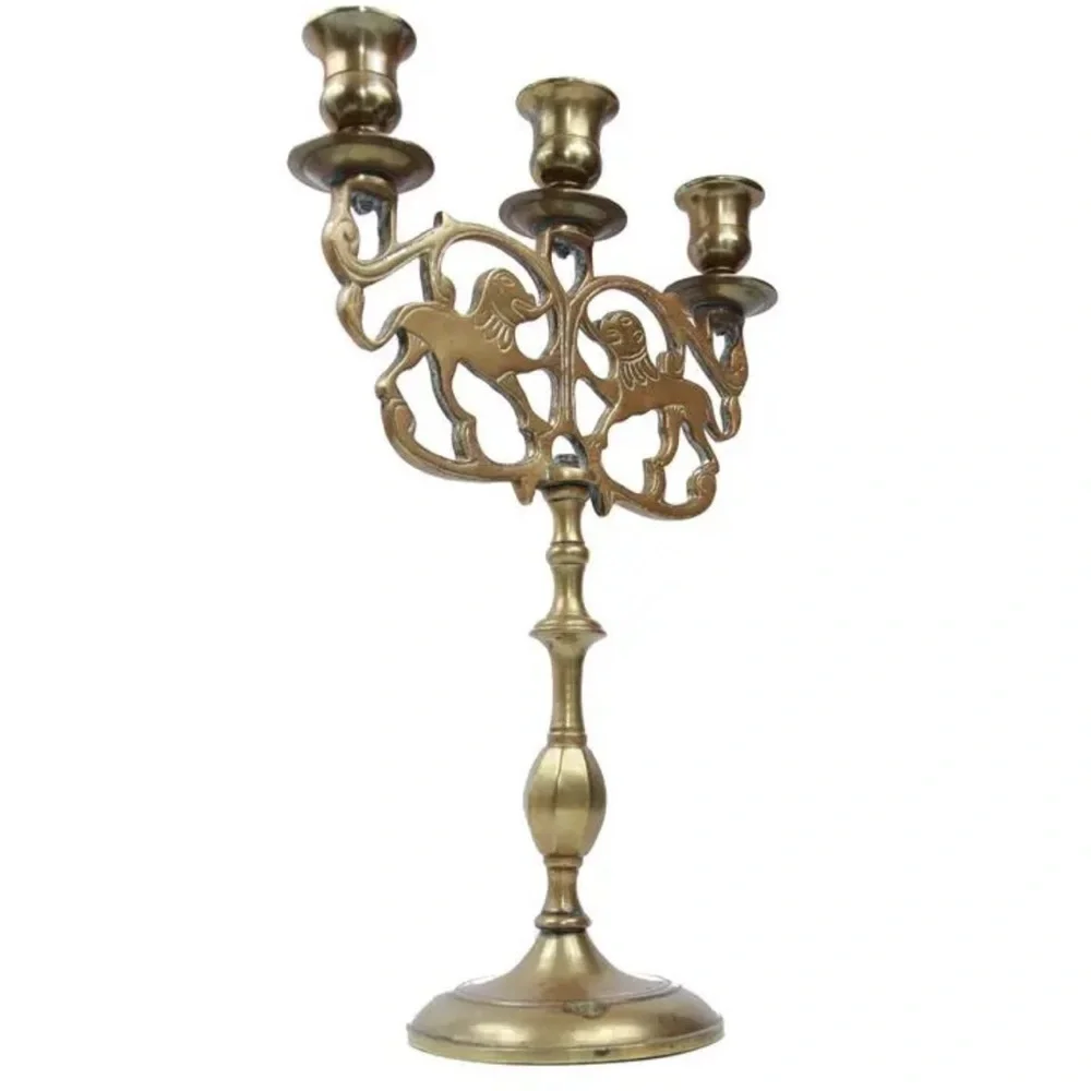 Antique Brass Lions of Judah 3-Cup Sabbath Candelabra Late 19th Century Pair